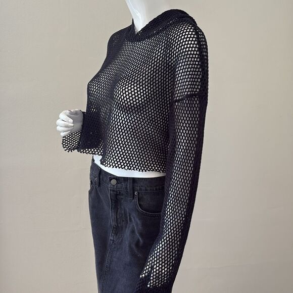 Basic Pleasure Mode Cropped Fishnet Hoodie in Black PacSun Urban Outfitters - Picture 3 of 9